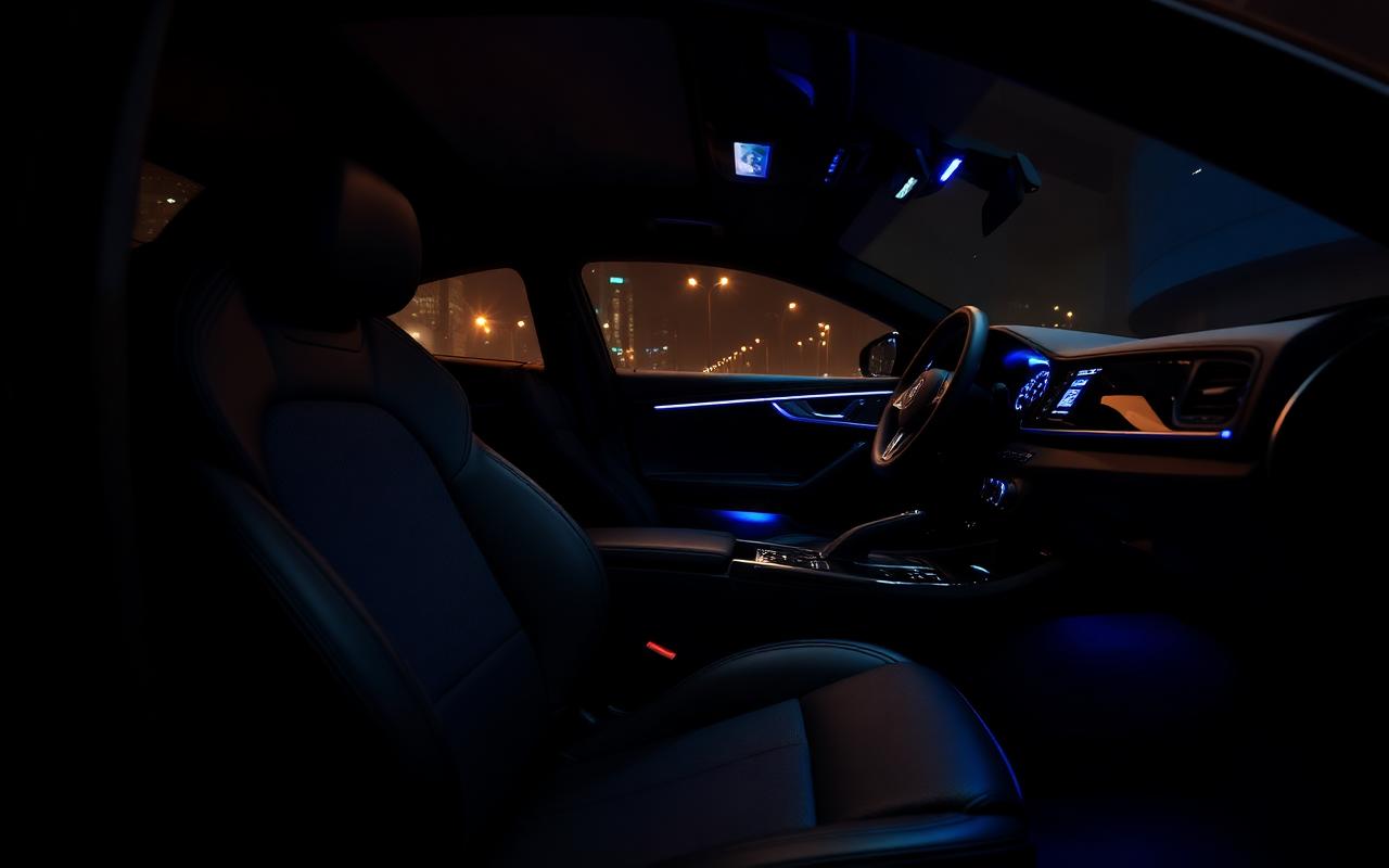 Luxury car interior with ambient lighting
